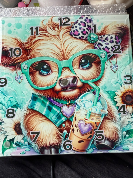 Highland Cow Glass Clock
